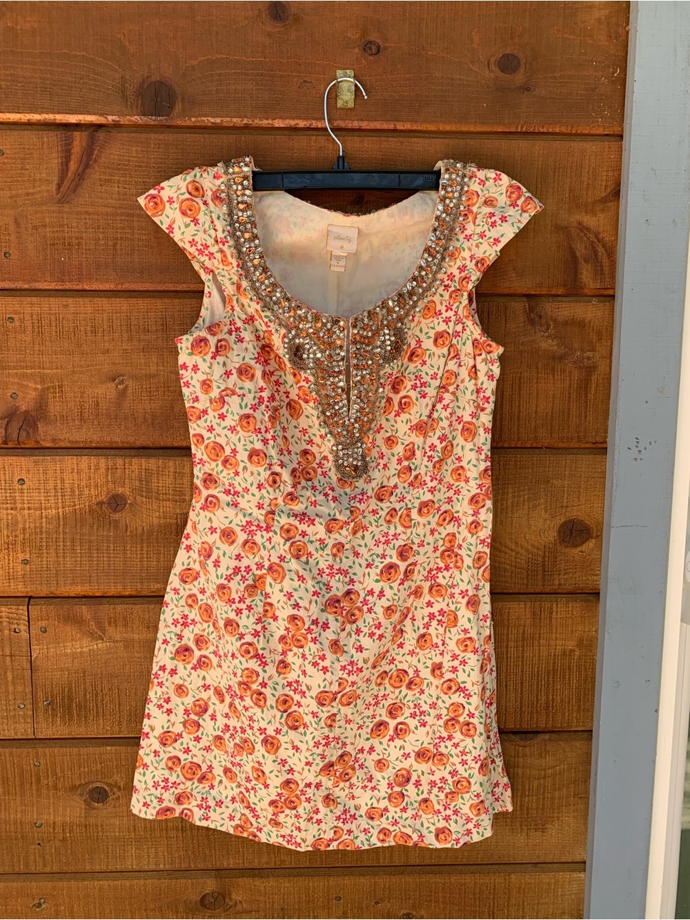 Embellished Floral Cap-Sleeve Dress in Cream and Coral